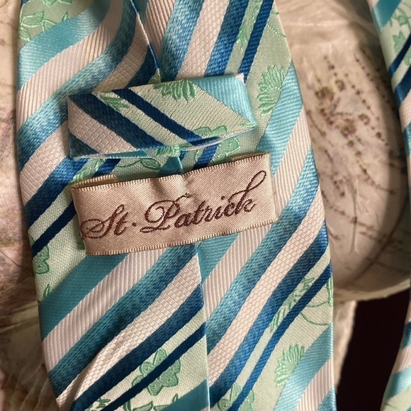 MEN'S ST. PATRICK TIE turquoise floral weave stripe retro look - Picture 3 of 4